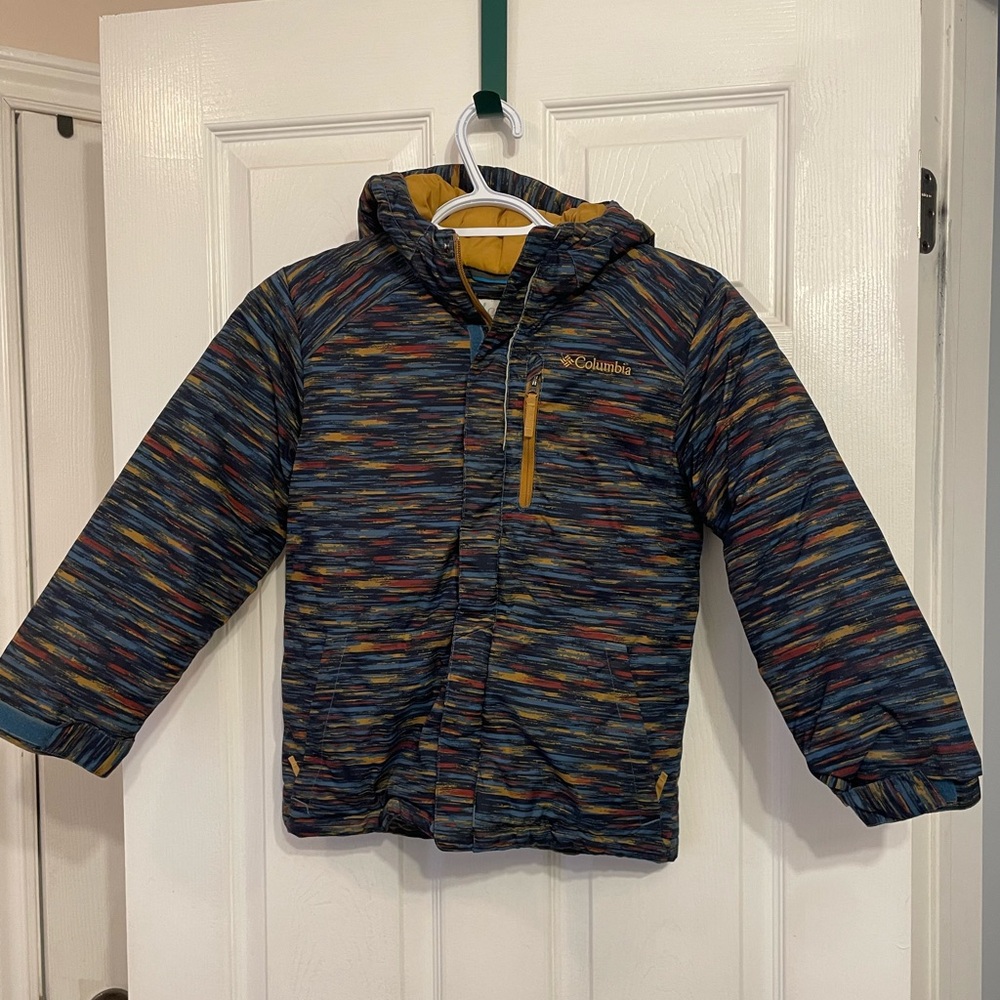 Columbia Kids Winter Blue and Yellow Patterned Hooded Jacket